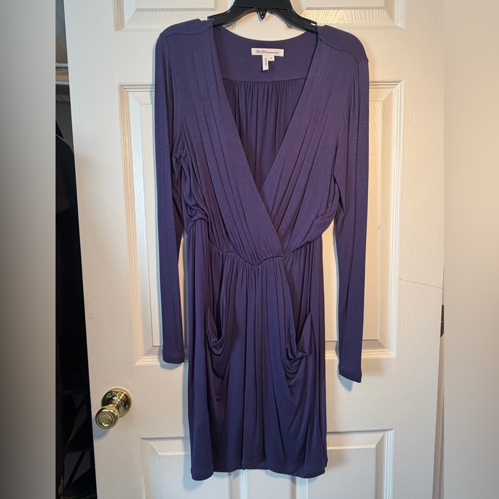 BCBG Purple Wrap-Style Long Sleeve Dress